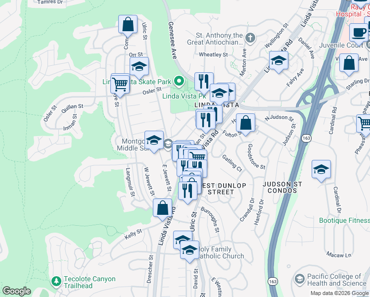 map of restaurants, bars, coffee shops, grocery stores, and more near 6908 Eastman Street in San Diego
