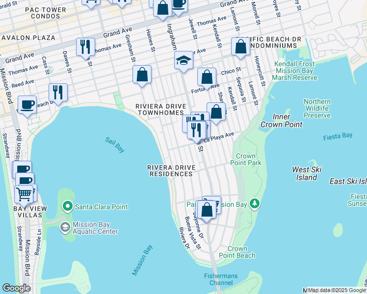 map of restaurants, bars, coffee shops, grocery stores, and more near 1542 La Playa Avenue in San Diego