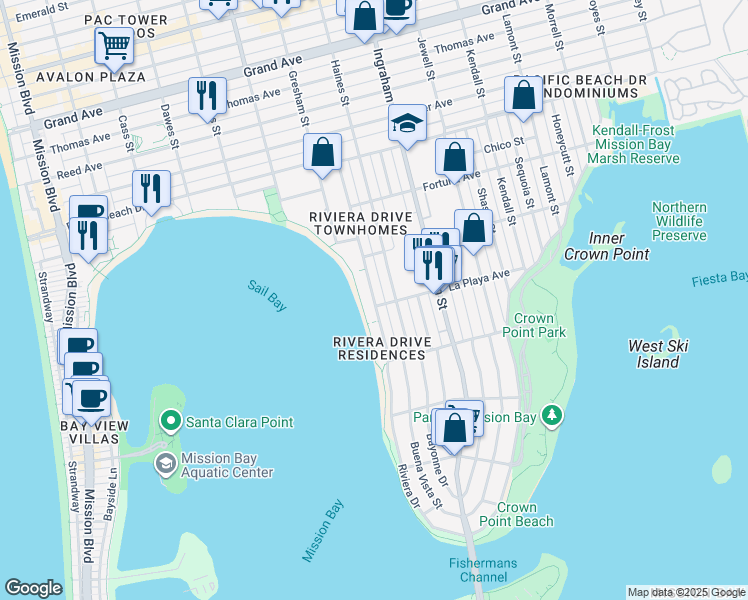 map of restaurants, bars, coffee shops, grocery stores, and more near 3817 Riviera Drive in San Diego