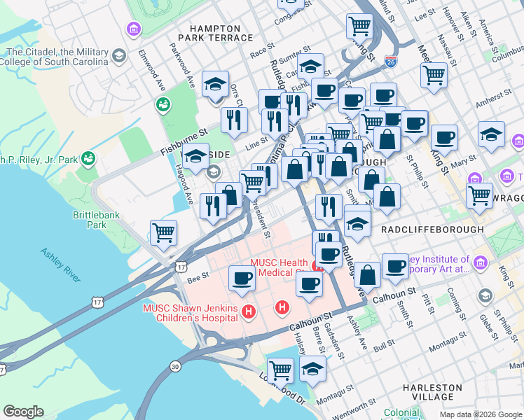 map of restaurants, bars, coffee shops, grocery stores, and more near 155 Spring Street in Charleston