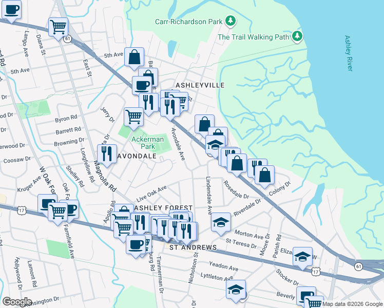 map of restaurants, bars, coffee shops, grocery stores, and more near 4 Peeks Pike in Charleston