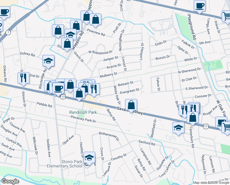 map of restaurants, bars, coffee shops, grocery stores, and more near 1552 White Oak Drive in Charleston