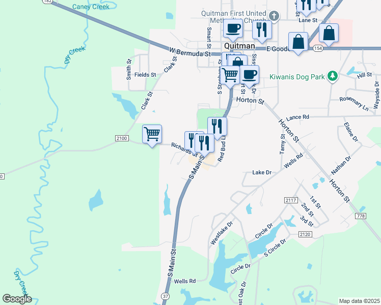 map of restaurants, bars, coffee shops, grocery stores, and more near 304 Richards Street in Quitman