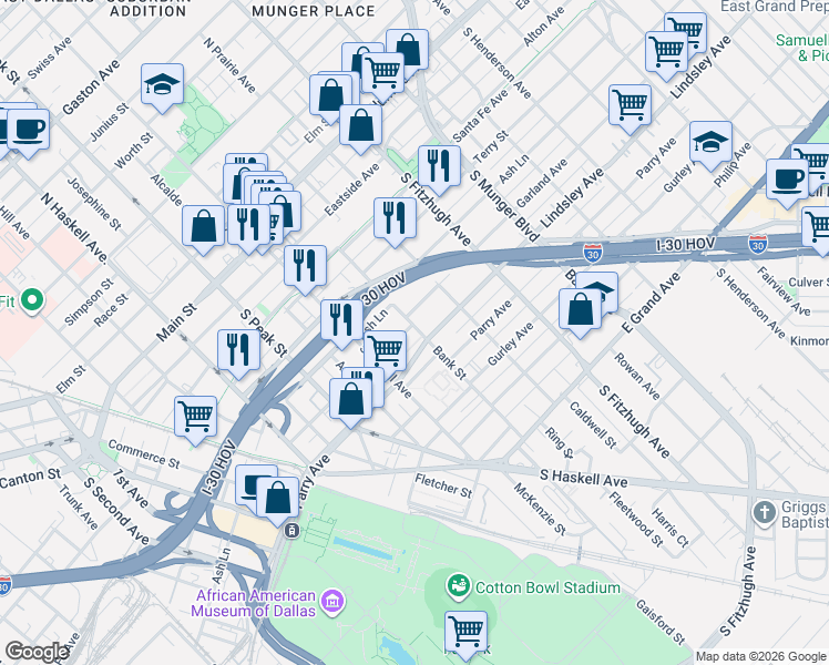 map of restaurants, bars, coffee shops, grocery stores, and more near 4529 Garland Avenue in Dallas