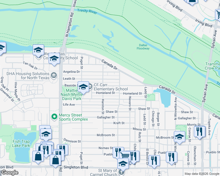 map of restaurants, bars, coffee shops, grocery stores, and more near 1830 Bayside Street in Dallas