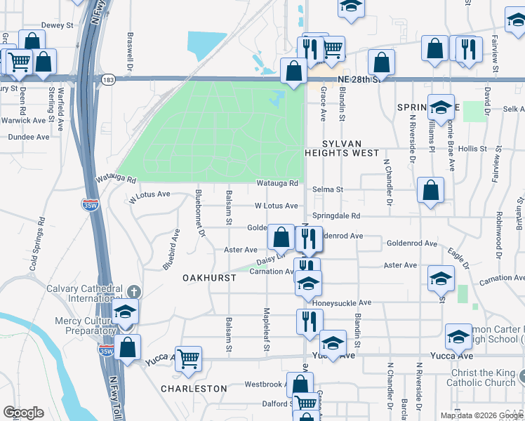 map of restaurants, bars, coffee shops, grocery stores, and more near 2346 West Lotus Avenue in Fort Worth