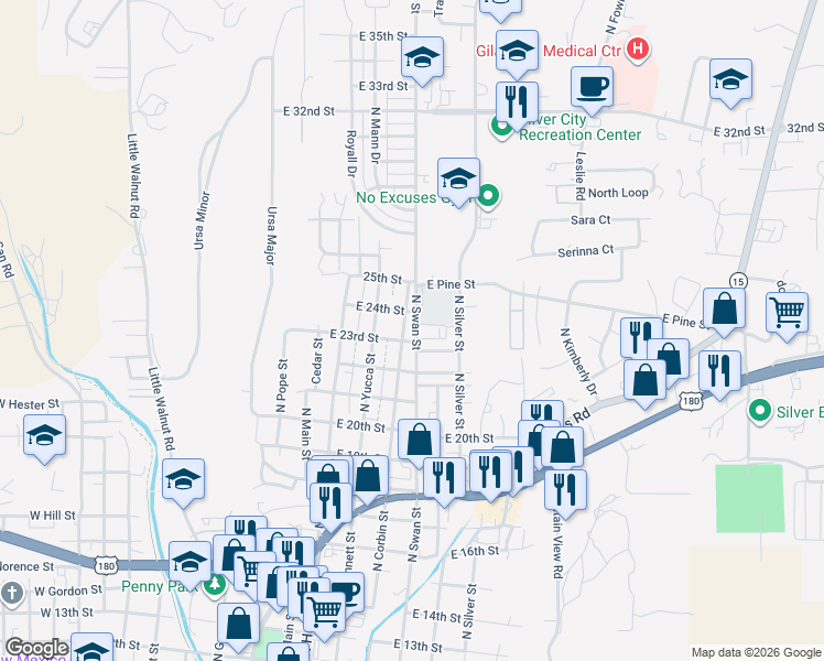 map of restaurants, bars, coffee shops, grocery stores, and more near 2304 North Cactus Street in Silver City