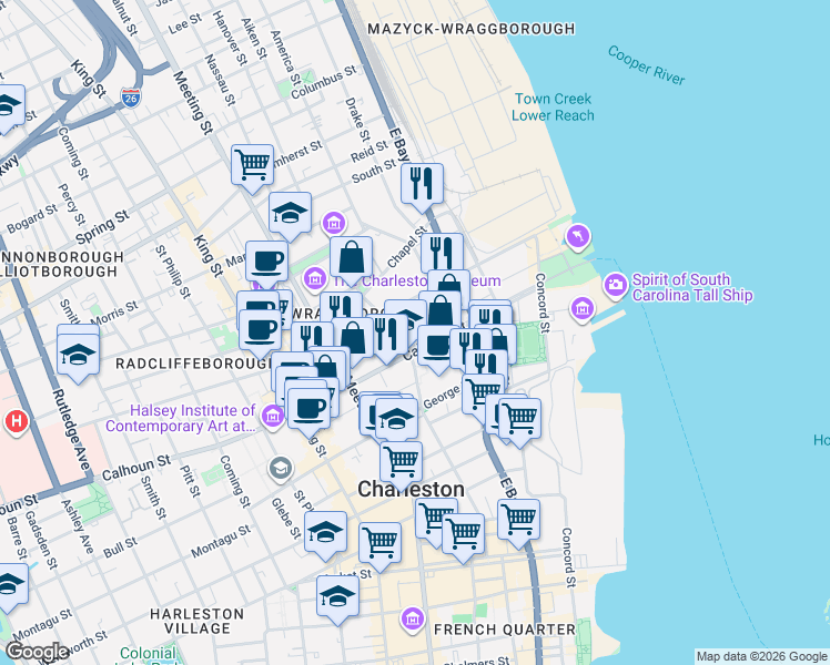 map of restaurants, bars, coffee shops, grocery stores, and more near 12 Elizabeth Street in Charleston