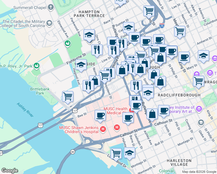 map of restaurants, bars, coffee shops, grocery stores, and more near 155 Spring Street in Charleston