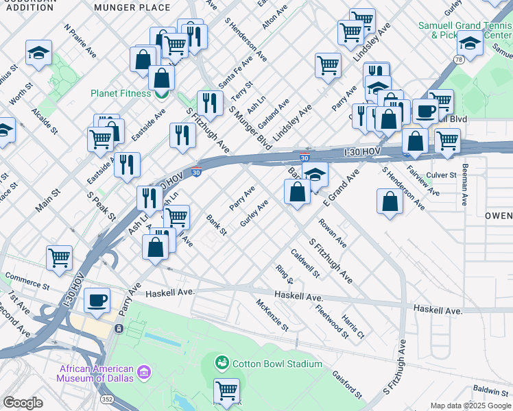 map of restaurants, bars, coffee shops, grocery stores, and more near 4819 Gurley Avenue in Dallas