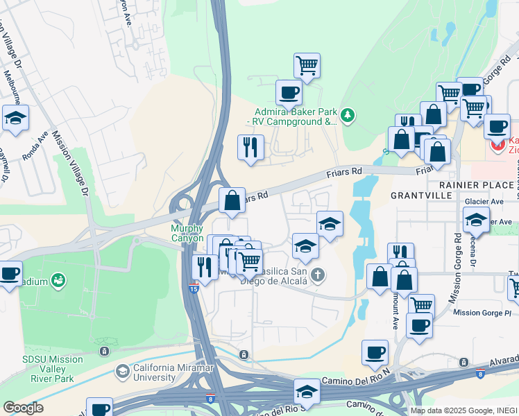 map of restaurants, bars, coffee shops, grocery stores, and more near 6358 Rancho Mission Road in San Diego