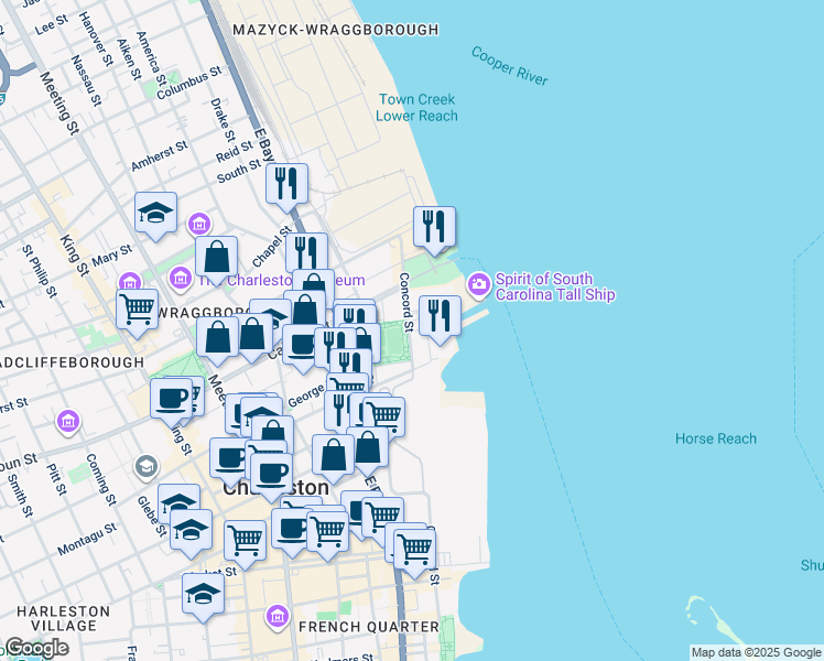 map of restaurants, bars, coffee shops, grocery stores, and more near 316 Concord Street in Charleston