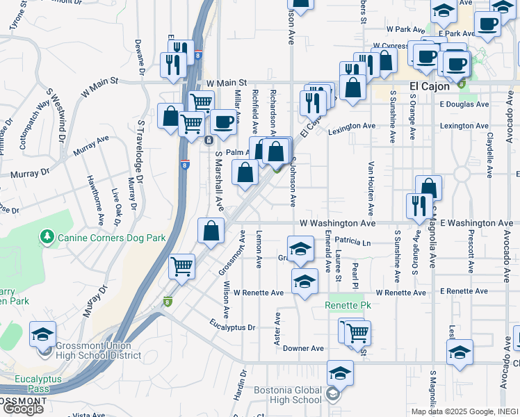 map of restaurants, bars, coffee shops, grocery stores, and more near 617 Lemon Avenue in El Cajon