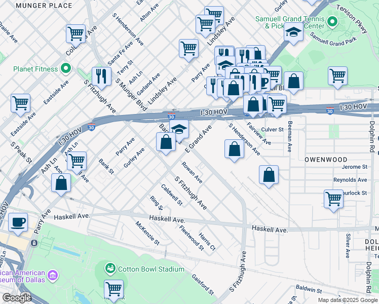 map of restaurants, bars, coffee shops, grocery stores, and more near 4924 East Grand Avenue in Dallas