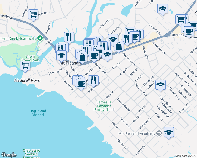 map of restaurants, bars, coffee shops, grocery stores, and more near 442 Morrison Street in Mount Pleasant