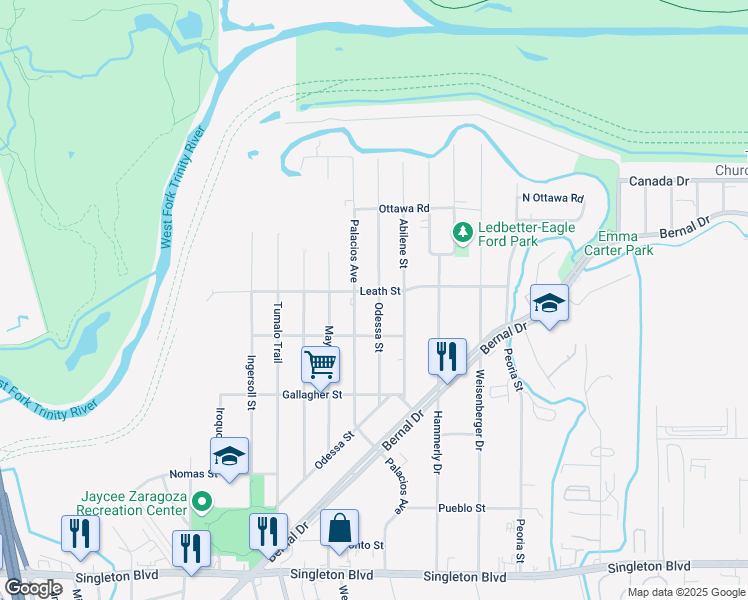map of restaurants, bars, coffee shops, grocery stores, and more near 3803 Odessa Street in Dallas