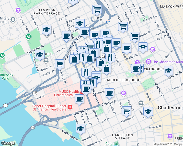 map of restaurants, bars, coffee shops, grocery stores, and more near 92 Morris Street in Charleston