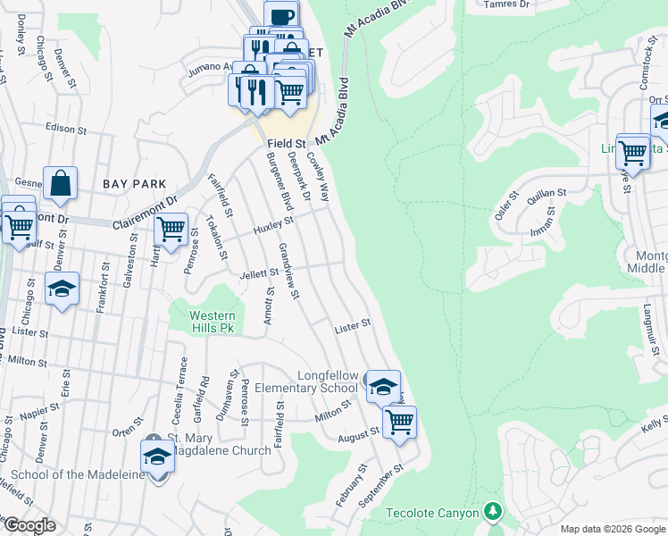 map of restaurants, bars, coffee shops, grocery stores, and more near 2557 Deerpark Drive in San Diego