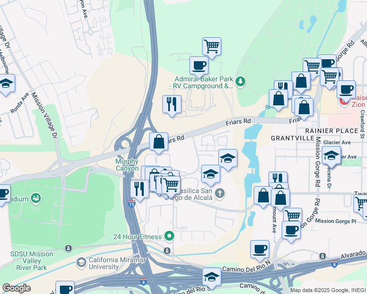 map of restaurants, bars, coffee shops, grocery stores, and more near 6390 Rancho Mission Road in San Diego