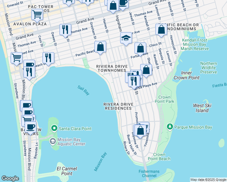 map of restaurants, bars, coffee shops, grocery stores, and more near 3810 Riviera Drive in San Diego