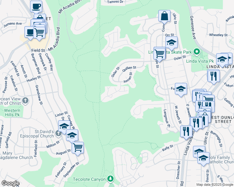 map of restaurants, bars, coffee shops, grocery stores, and more near 2445 Tunica Circle in San Diego