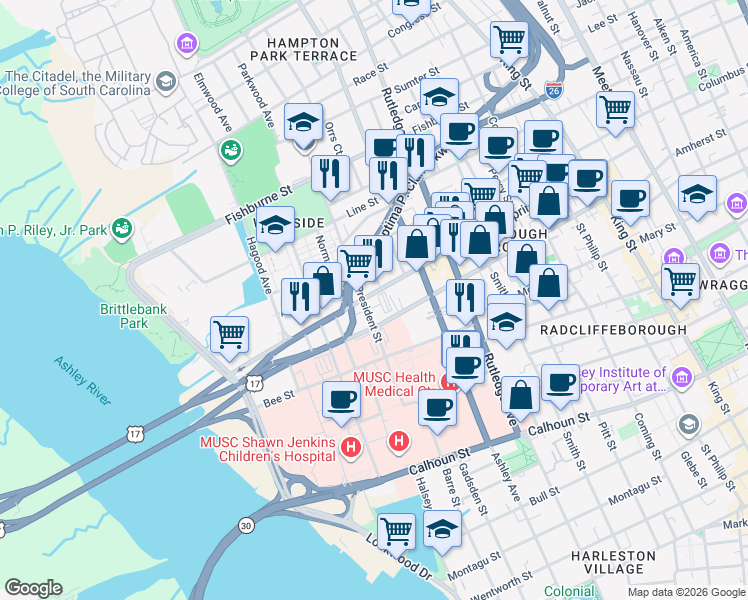 map of restaurants, bars, coffee shops, grocery stores, and more near 155 Spring Street in Charleston