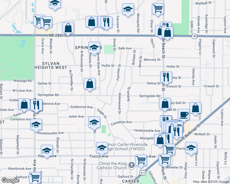 map of restaurants, bars, coffee shops, grocery stores, and more near 2004 Fairview St in Fort Worth