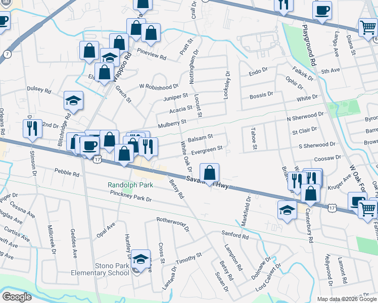 map of restaurants, bars, coffee shops, grocery stores, and more near 1552 White Oak Drive in Charleston