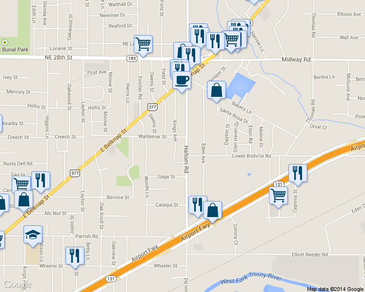 map of restaurants, bars, coffee shops, grocery stores, and more near 2009 Haltom Rd in Fort Worth