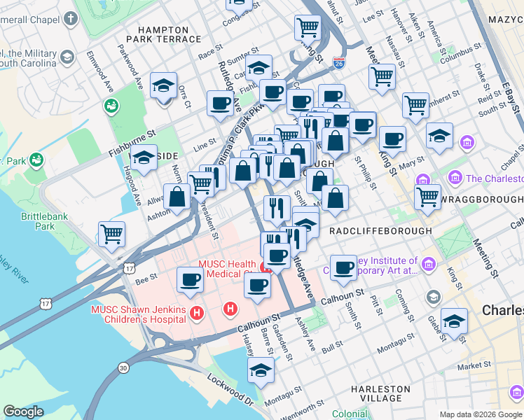 map of restaurants, bars, coffee shops, grocery stores, and more near 111 Cannon Street in Charleston