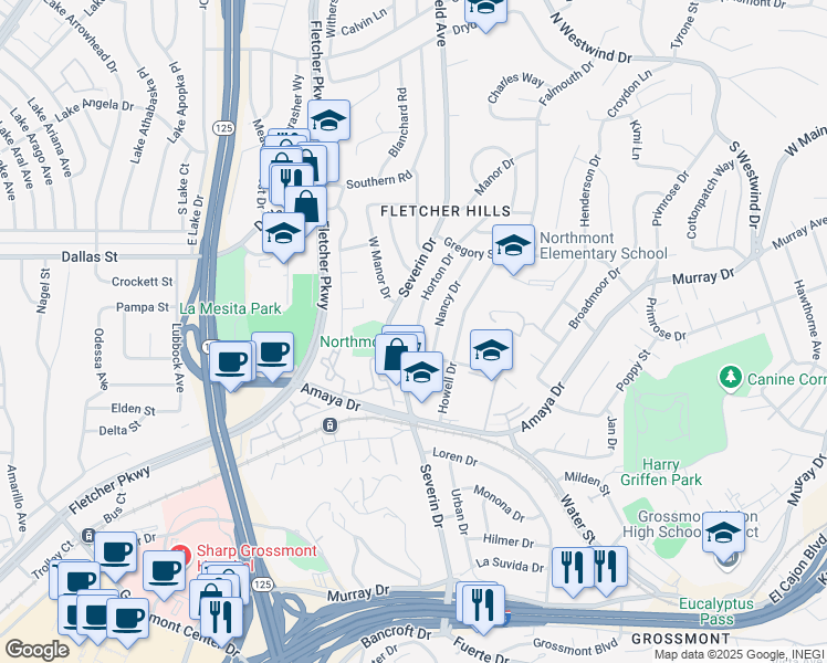 map of restaurants, bars, coffee shops, grocery stores, and more near 6050 Horton Drive in La Mesa