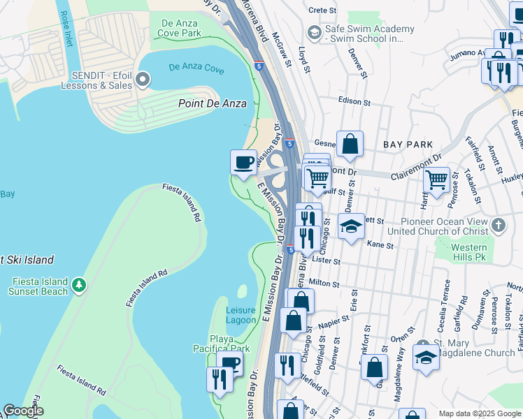 map of restaurants, bars, coffee shops, grocery stores, and more near 2540 East Mission Bay Drive in San Diego