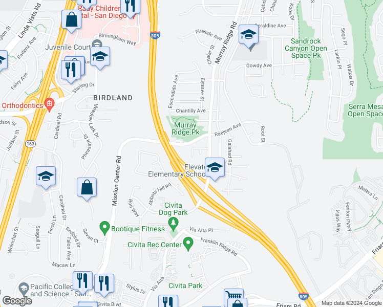map of restaurants, bars, coffee shops, grocery stores, and more near 8620 Converse Avenue in San Diego