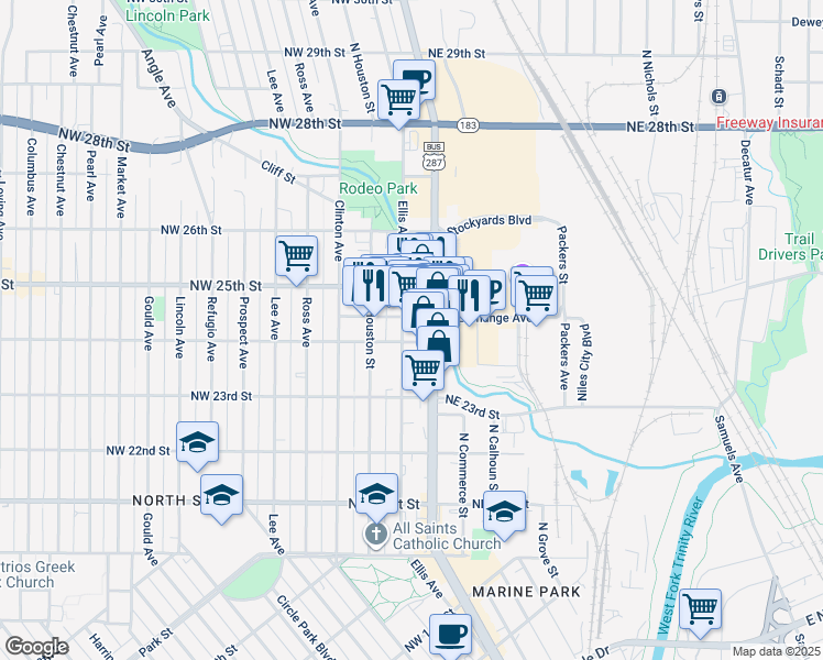 map of restaurants, bars, coffee shops, grocery stores, and more near 2326 Ellis Avenue in Fort Worth