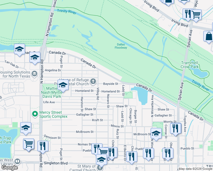 map of restaurants, bars, coffee shops, grocery stores, and more near 1702 Bayside Street in Dallas