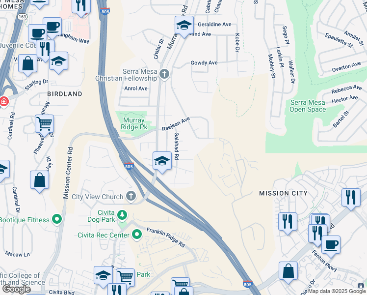 map of restaurants, bars, coffee shops, grocery stores, and more near 8768 Cairo Court in San Diego