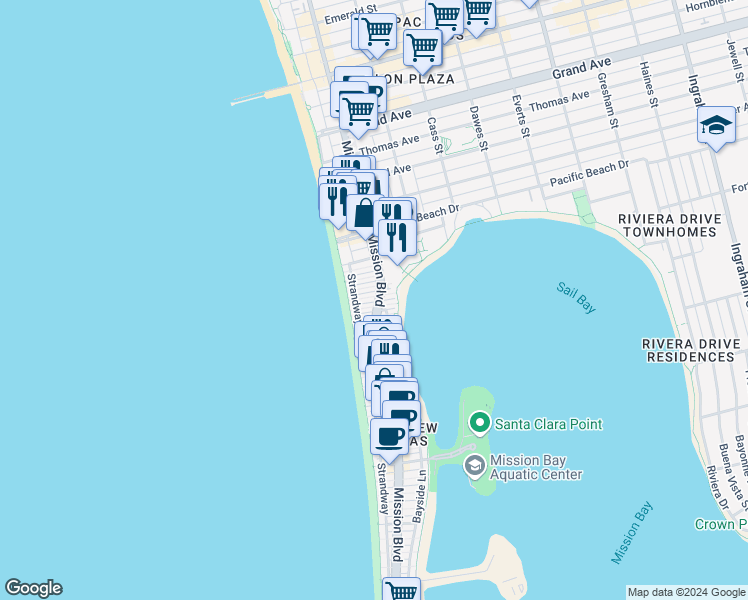 map of restaurants, bars, coffee shops, grocery stores, and more near 747 Windemere Court in San Diego