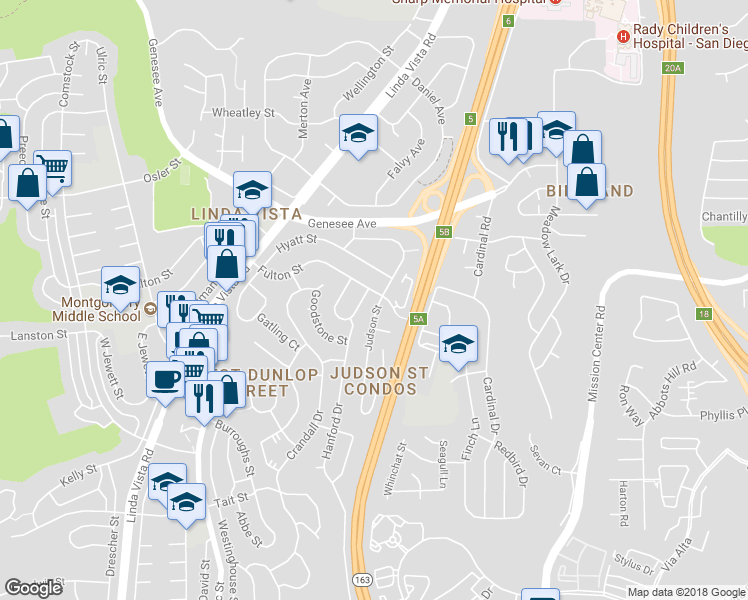 map of restaurants, bars, coffee shops, grocery stores, and more near 2462 Judson Street in San Diego
