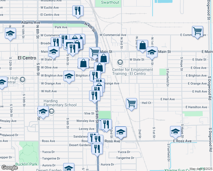 map of restaurants, bars, coffee shops, grocery stores, and more near 321 West Orange Avenue in El Centro