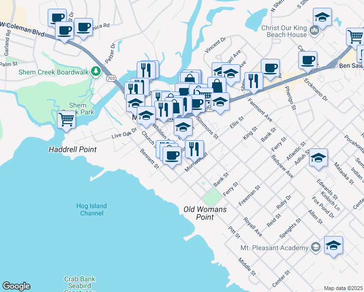 map of restaurants, bars, coffee shops, grocery stores, and more near 440 Whilden Street in Mount Pleasant