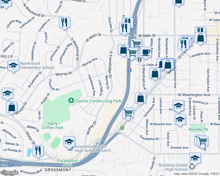map of restaurants, bars, coffee shops, grocery stores, and more near 641 Murray Drive in El Cajon
