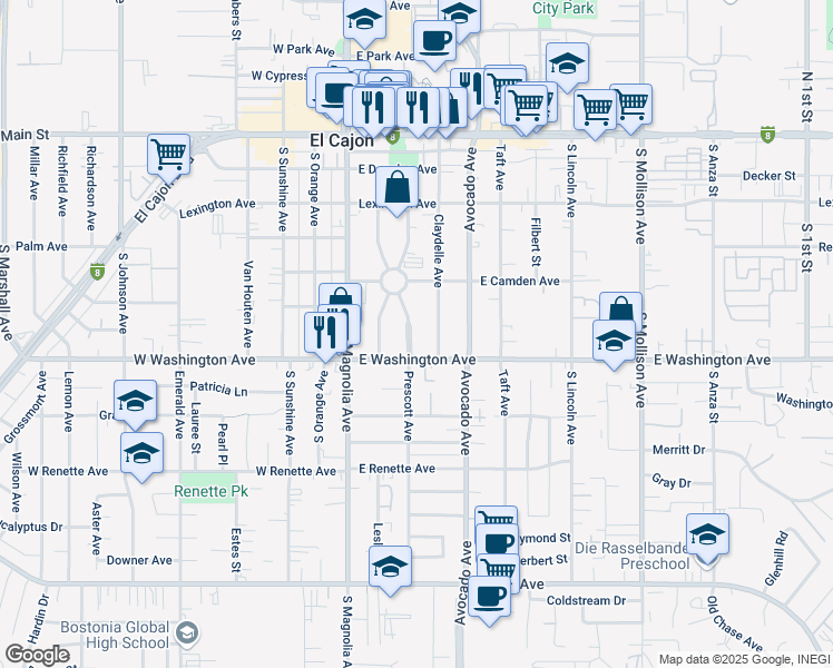 map of restaurants, bars, coffee shops, grocery stores, and more near 627 Prescott Avenue in El Cajon