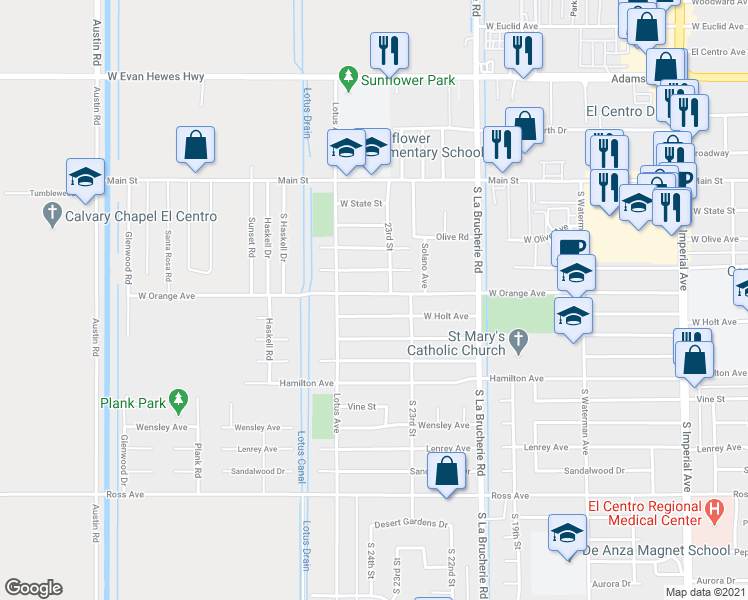map of restaurants, bars, coffee shops, grocery stores, and more near 2411 West Orange Avenue in El Centro