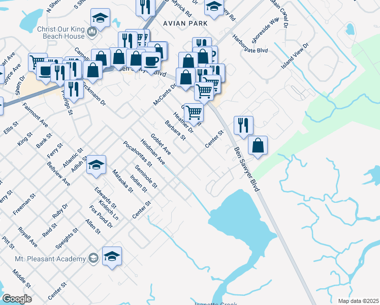 map of restaurants, bars, coffee shops, grocery stores, and more near 925 Randall Drive in Mount Pleasant