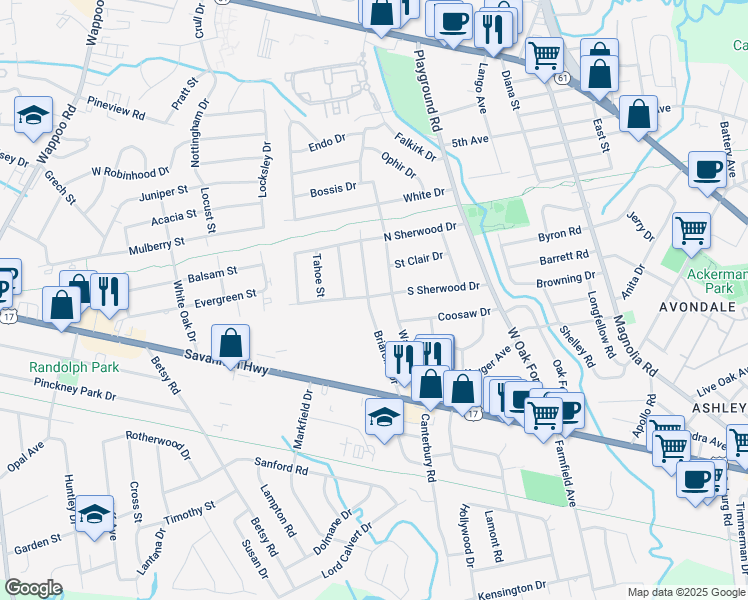 map of restaurants, bars, coffee shops, grocery stores, and more near 1419 South Sherwood Drive in Charleston