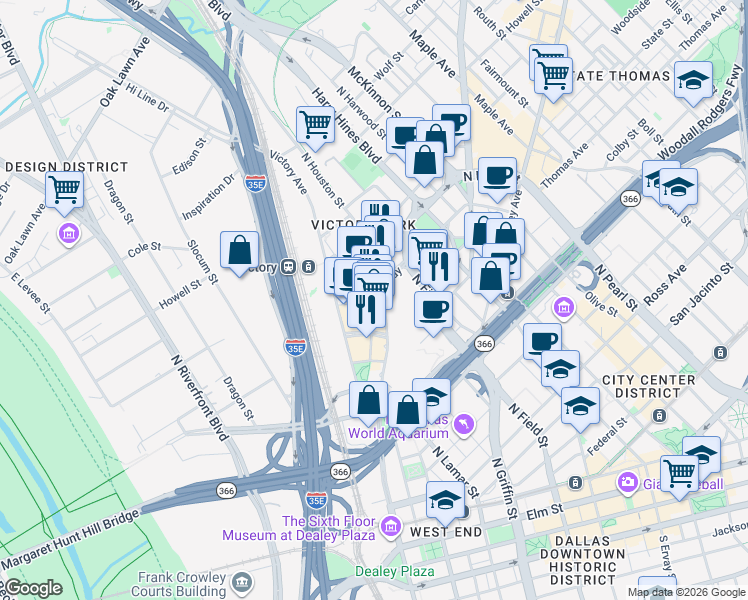 map of restaurants, bars, coffee shops, grocery stores, and more near 2440 Victory Park Lane in Dallas