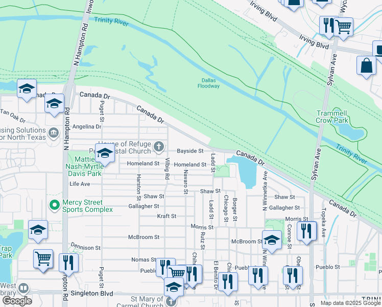 map of restaurants, bars, coffee shops, grocery stores, and more near 1616 Bayside Street in Dallas