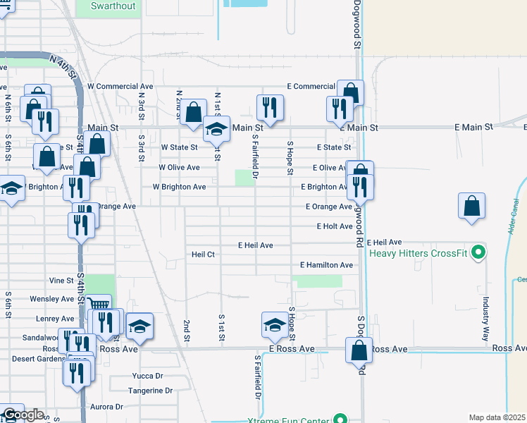 map of restaurants, bars, coffee shops, grocery stores, and more near 209 East Orange Avenue in El Centro