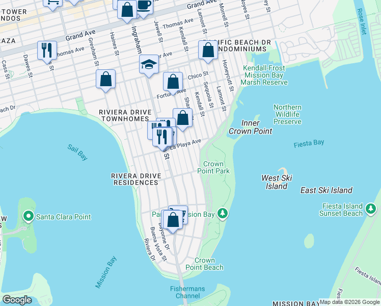 map of restaurants, bars, coffee shops, grocery stores, and more near 3753 Jewell Street in San Diego