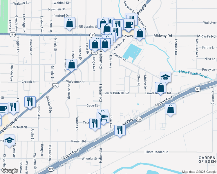 map of restaurants, bars, coffee shops, grocery stores, and more near 2009 Eden Avenue in Haltom City